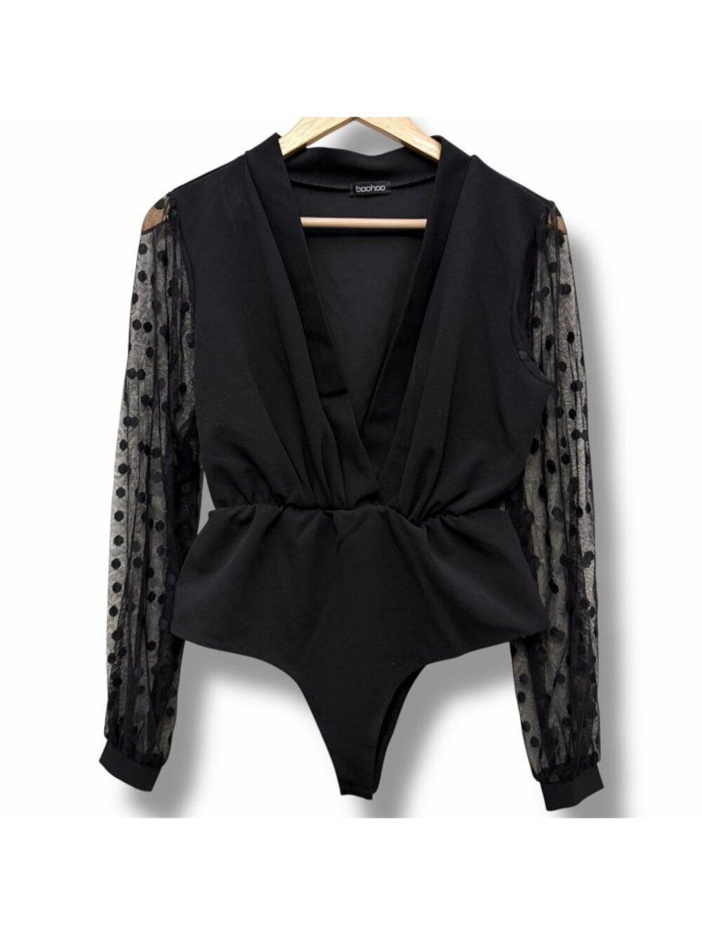 Boohoo Black Dobby Mesh Wrap Bodysuit